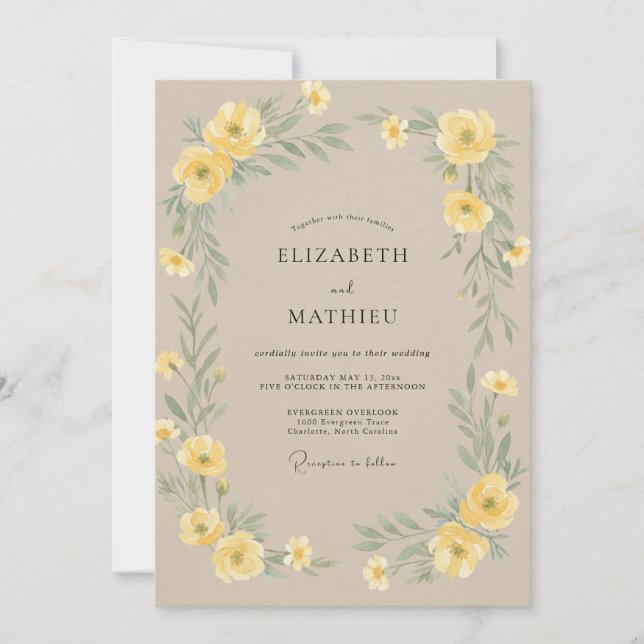 Convites Casamento com Coroa de Champanhe Amarelo (Frente)