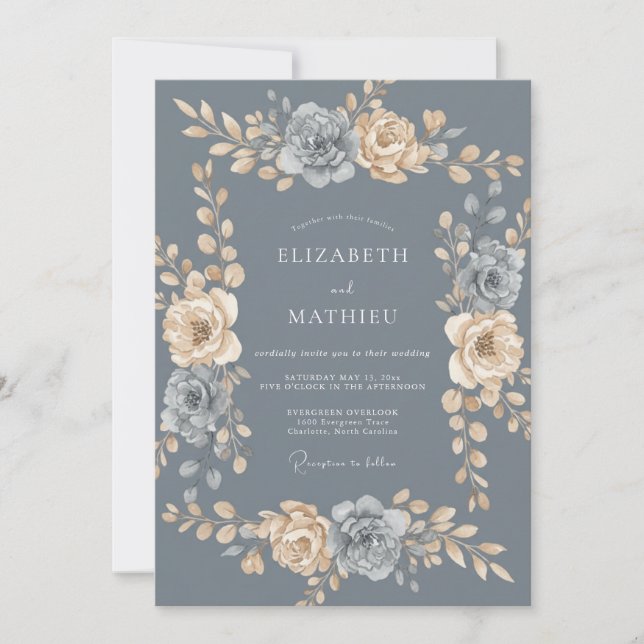 Convites Casamento com Coroa de Champanhe Slate Antique (Frente)