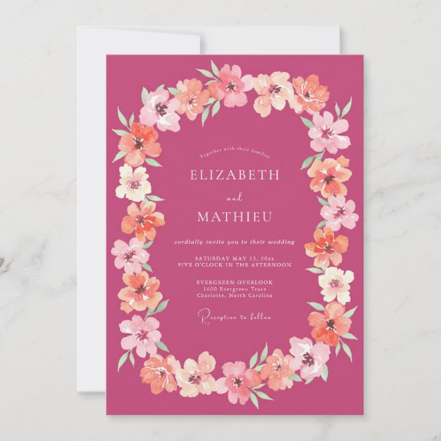 Convites Casamento com Coroa de Damasco Magenta (Frente)
