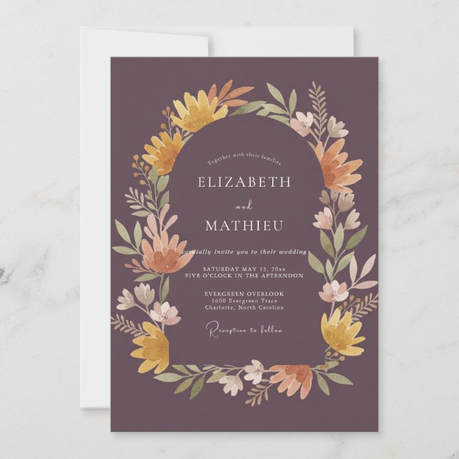 Convites Casamento com Coroa de Damasco Roxo Silenciado (Frente)