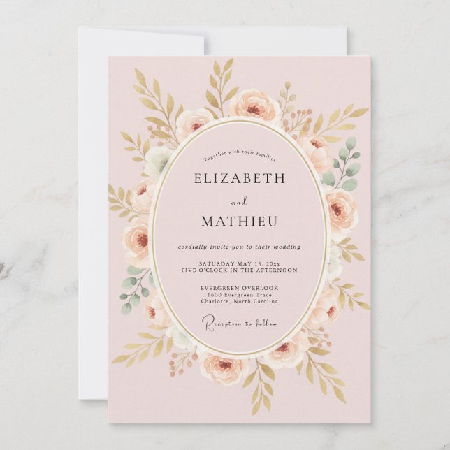 Convites Casamento com Coroa de Dourado Rosado (Frente)