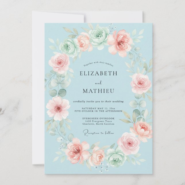 Convites Casamento com Coroa de Flores Azure Blush (Frente)