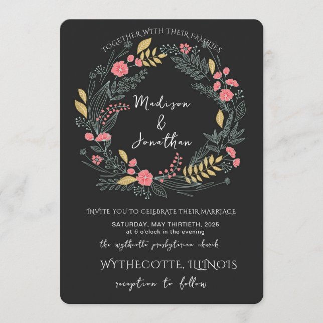 Convites Casamento com Coroa de Flores em Aquarela Romântic (Frente)