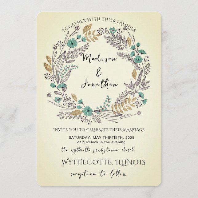 Convites Casamento com Coroa de Flores em Aquarela Romântic (Frente)
