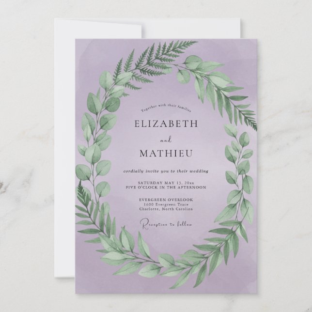 Convites Casamento com Coroa de Folhas de Lilás (Frente)
