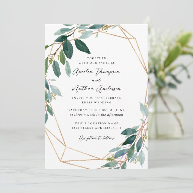 Convites Casamento com Coroa de Folhas Modernas (Em pé/Frente)