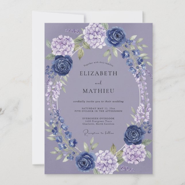 Convites Casamento com Coroa de Hortênsias Azul-Celeste (Frente)
