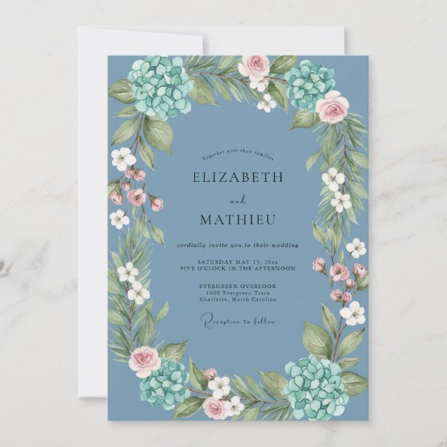 Convites Casamento com Coroa de Hortênsias Slate (Frente)