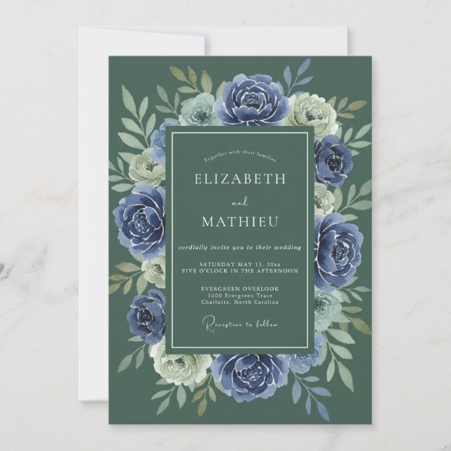 Convites Casamento com Coroa de Indigo Slate (Frente)