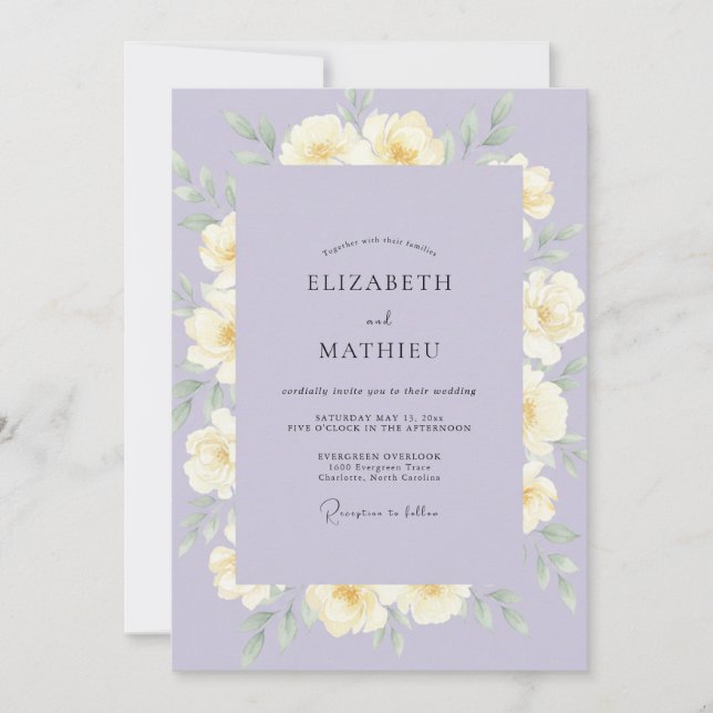 Convites Casamento com Coroa de Lavanda Amarela Suave (Frente)