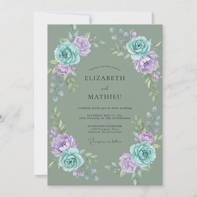 Convites Casamento com Coroa de Lavanda Aqua (Frente)