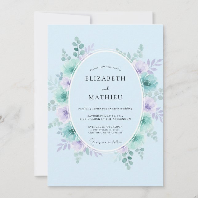 Convites Casamento com Coroa de Lavanda e Periwinkle (Frente)