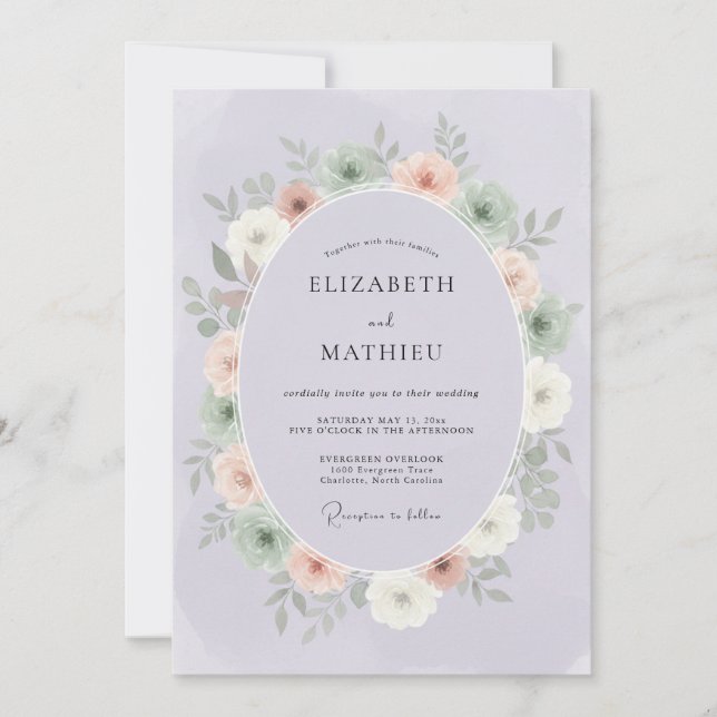 Convites Casamento com Coroa de Lavanda Pastel (Frente)