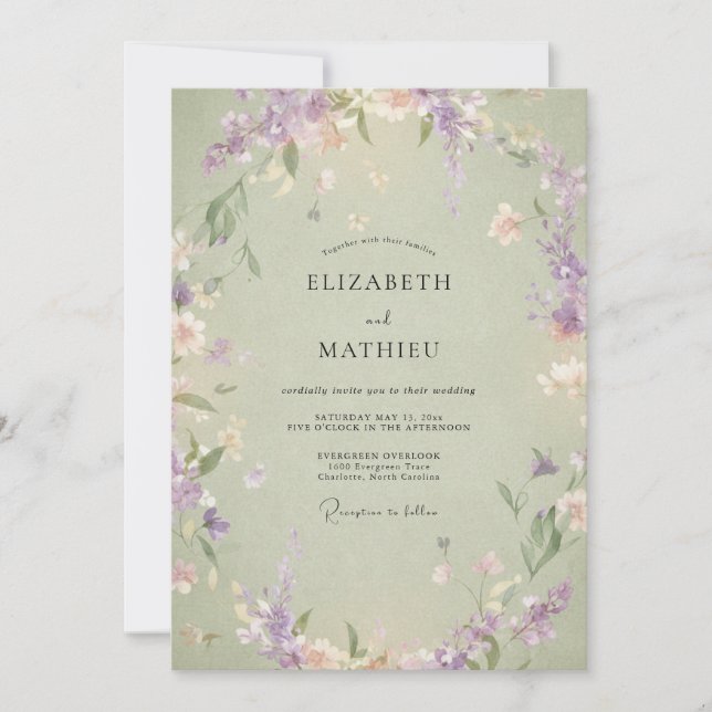 Convites Casamento com Coroa de Lavanda Pistácio (Frente)