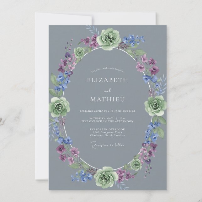 Convites Casamento com Coroa de Lavanda Slate (Frente)
