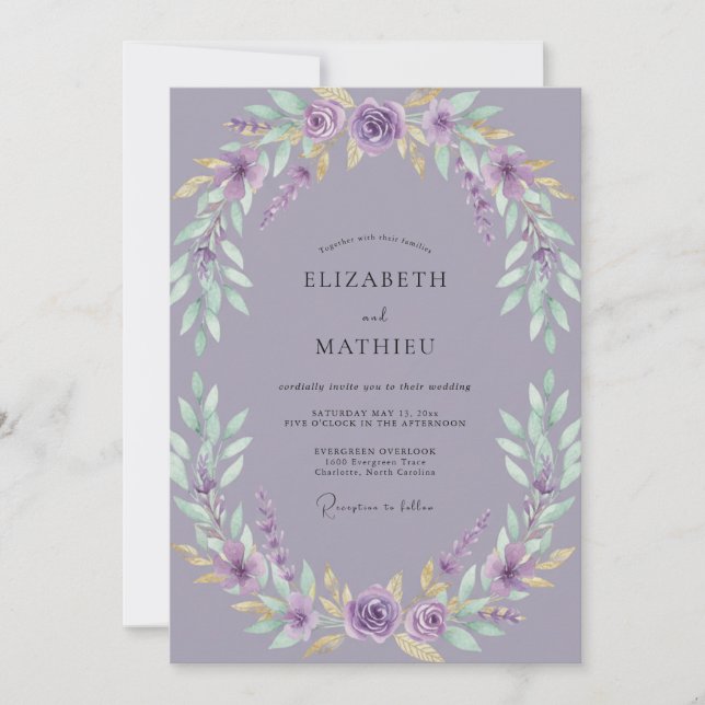 Convites Casamento com Coroa de Lilás Desbotado (Frente)