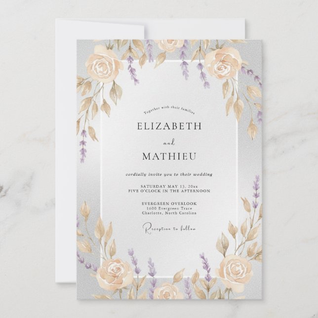 Convites Casamento com Coroa de Lilás e Champanhe (Frente)