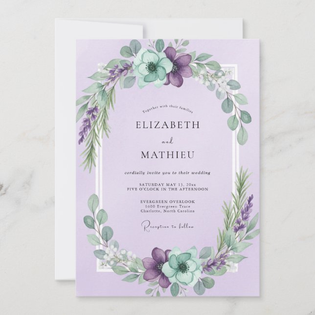 Convites Casamento com Coroa de Lilás e Hortelã (Frente)