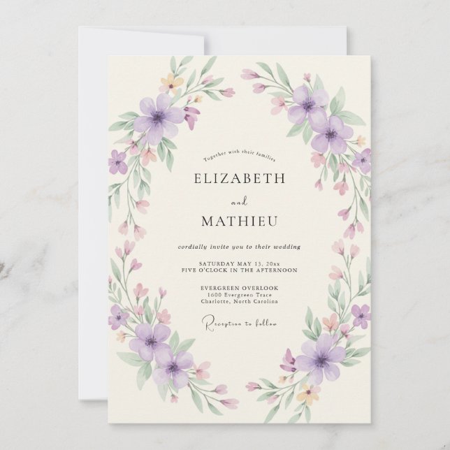 Convites Casamento com Coroa de Lilás e Malva (Frente)