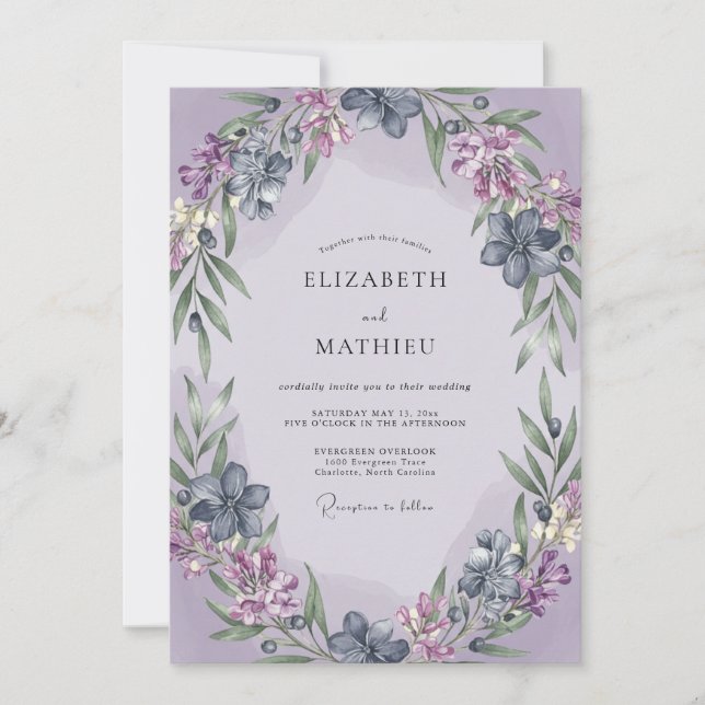 Convites Casamento com Coroa de Lilás e Periwinkle (Frente)