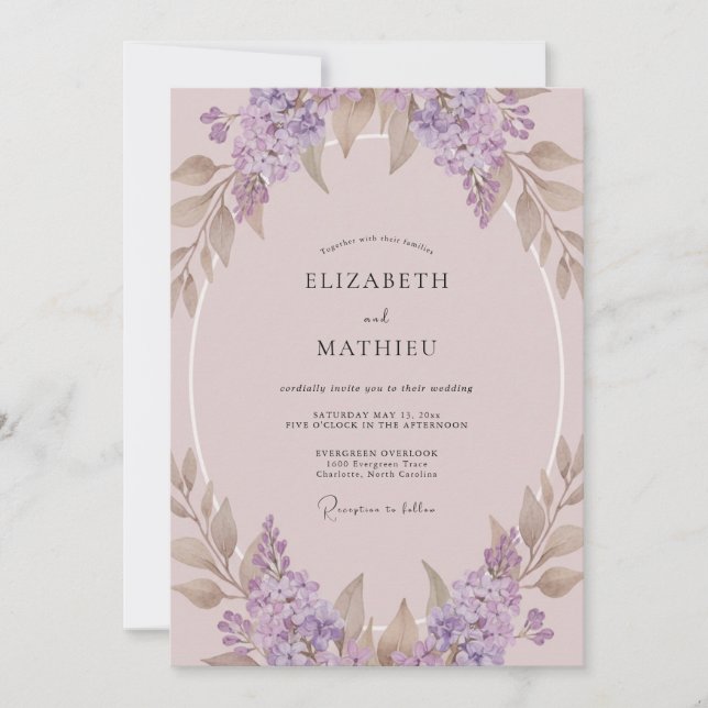 Convites Casamento com Coroa de Lilás Malva (Frente)