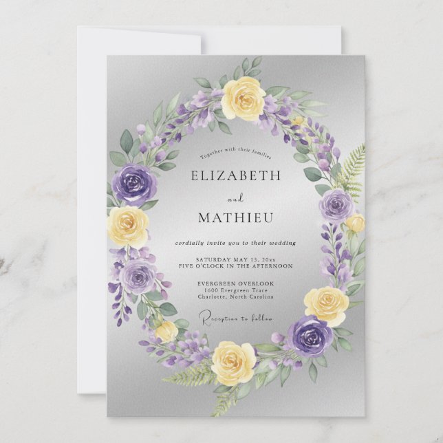 Convites Casamento com Coroa de Lilás Prateado (Frente)