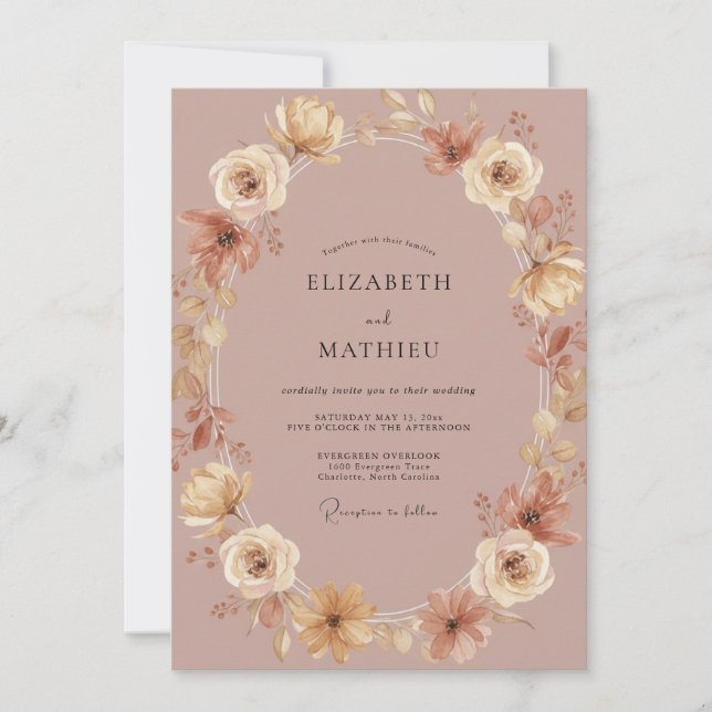 Convites Casamento com Coroa de Lilás Rosa Empoeirado (Frente)