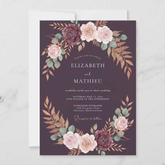 Convites Casamento com Coroa de Luxo Roxo Fundo (Frente)