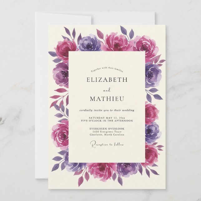 Convites Casamento com Coroa de Magenta Ameixa (Frente)