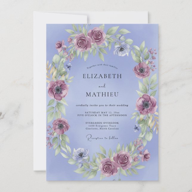 Convites Casamento com Coroa de Malva Azulada (Frente)