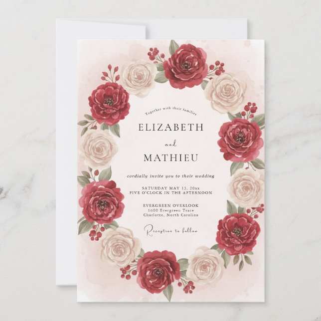 Convites Casamento com Coroa de Marfim Antigo Carmesim (Frente)