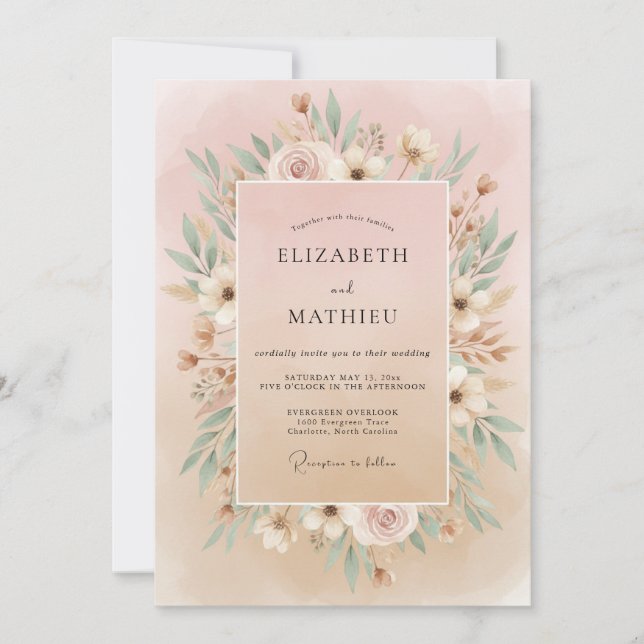 Convites Casamento com Coroa de Marfim Rosado (Frente)