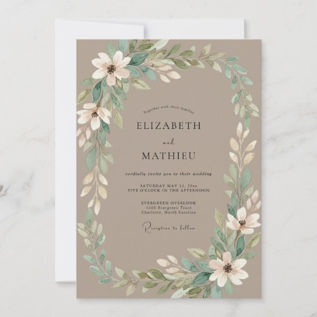 Convites Casamento com Coroa de Marfim Taupe (Frente)