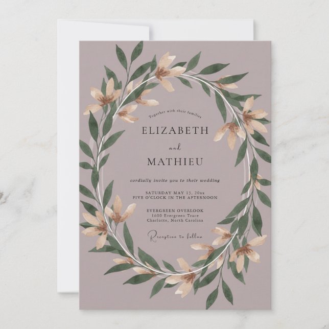 Convites Casamento com Coroa de Mauve Empoeirado (Frente)