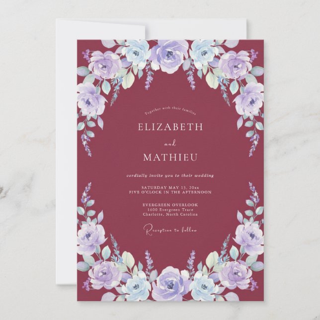 Convites Casamento com Coroa de Merlot Periwinkle (Frente)