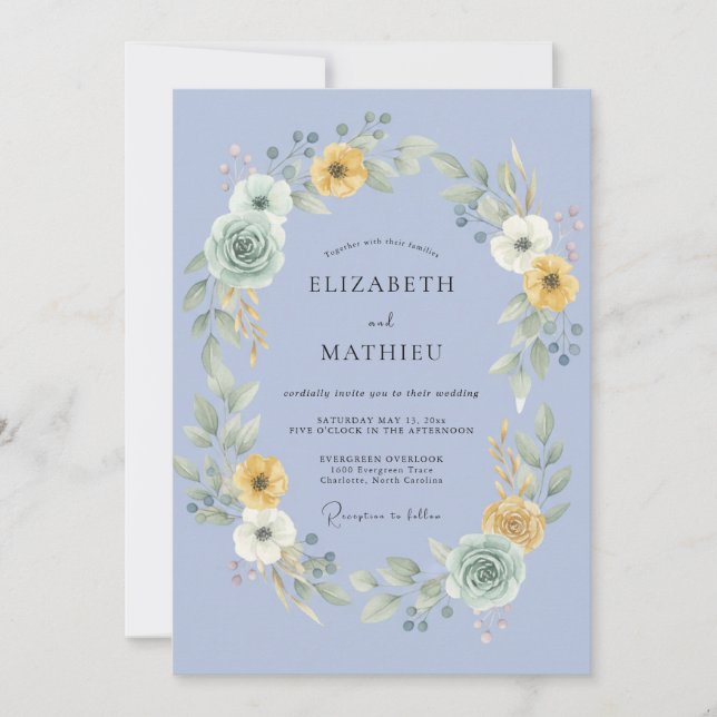 Convites Casamento com Coroa de Mostarda e Periwinkle (Frente)