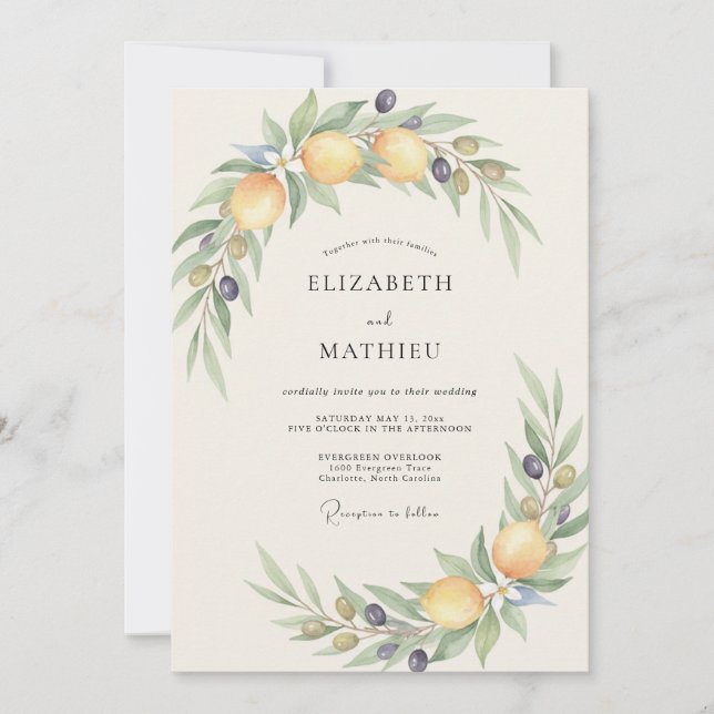 Convites Casamento com Coroa de Oliva e Citrinos (Frente)