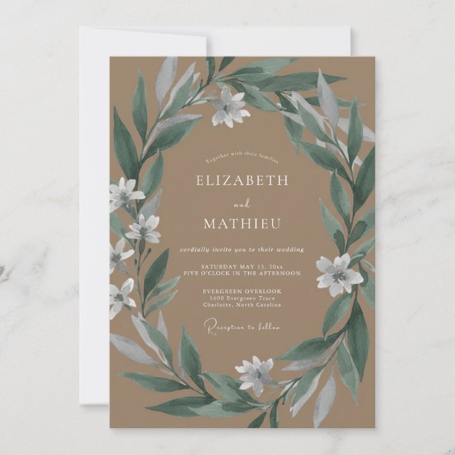 Convites Casamento com Coroa de Olive Taupe Prado (Frente)