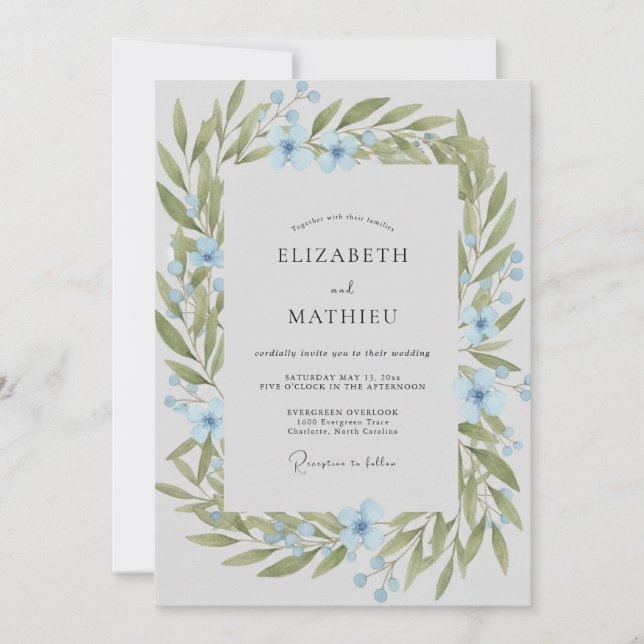 Convites Casamento com Coroa de Oliveira Azul (Frente)