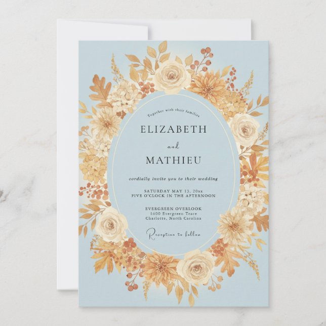 Convites Casamento com Coroa de Ouro Azul-Celeste (Frente)