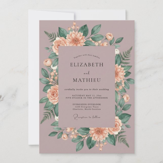 Convites Casamento com Coroa de Peachy Malva (Frente)