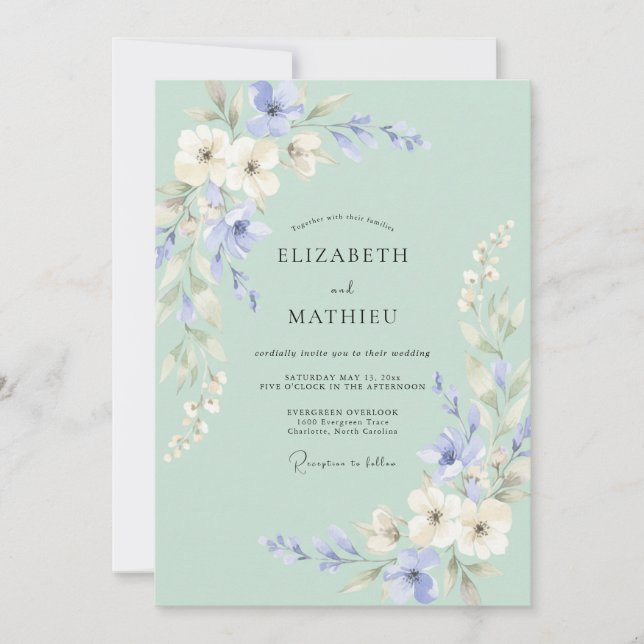 Convites Casamento com Coroa de Periwinkle Celeste (Frente)