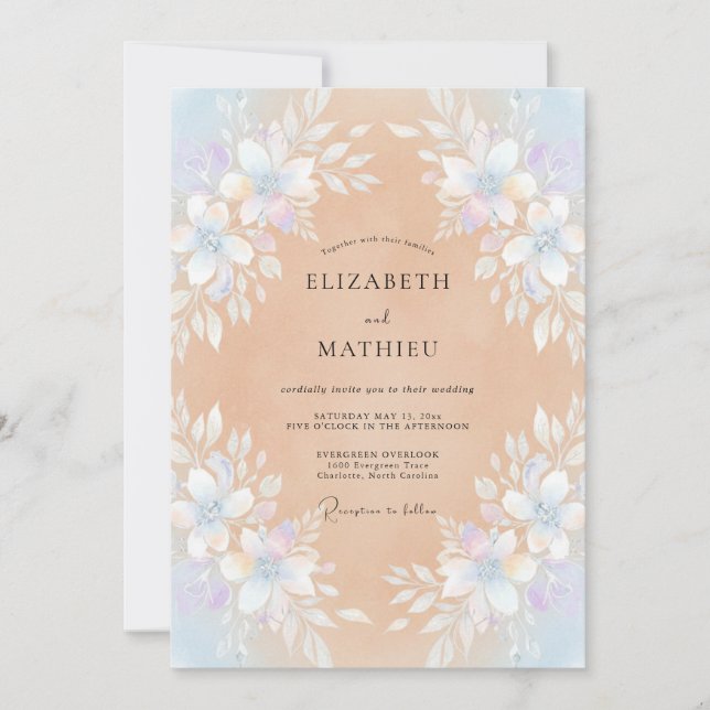 Convites Casamento com Coroa de Periwinkle e Pêssego Quente (Frente)