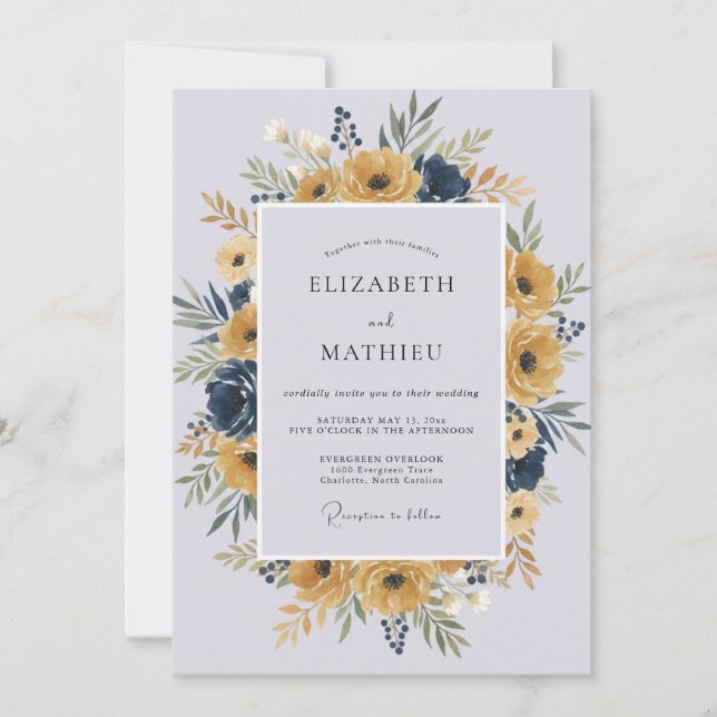 Convites Casamento com Coroa de Periwinkle Mostarda (Frente)