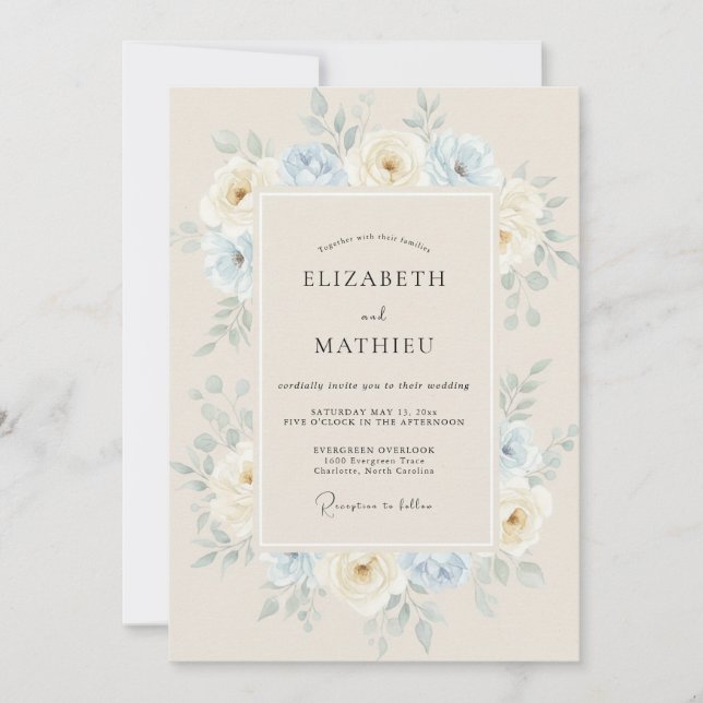 Convites Casamento com Coroa de Pétalas de Marfim (Frente)