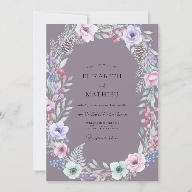 Convites Casamento com Coroa de Pinheiro Roxo (Frente)