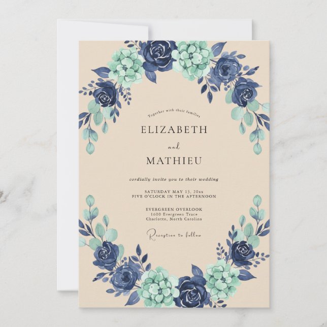 Convites Casamento com Coroa de Pintura Indigo Aqua (Frente)