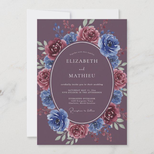 Convites Casamento com Coroa de Plumagem Clássica Violeta (Frente)
