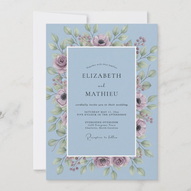 Convites Casamento com Coroa de Plumagem Violeta (Frente)