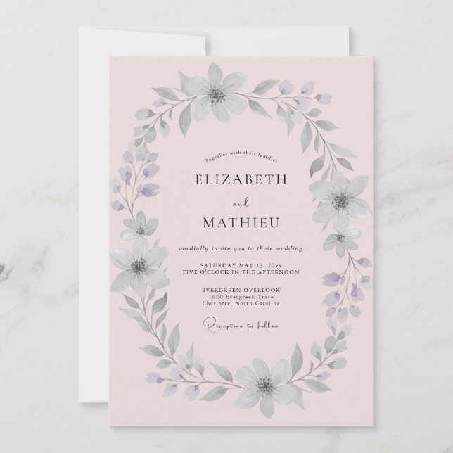 Convites Casamento com Coroa de Prata Rosa Pálido (Frente)